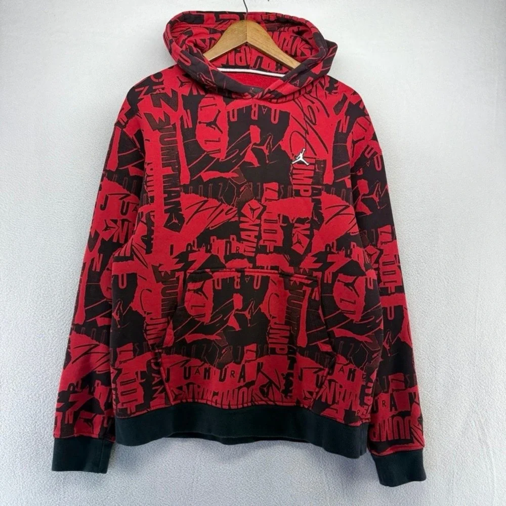Jordan Hoodie Men's Large Red Jumpman All Over Print Graphic Pullover Printed